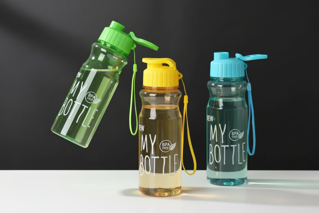 550 ml plast vannflaske – bærbar sportsflaske med flip-lokk og bærestropp