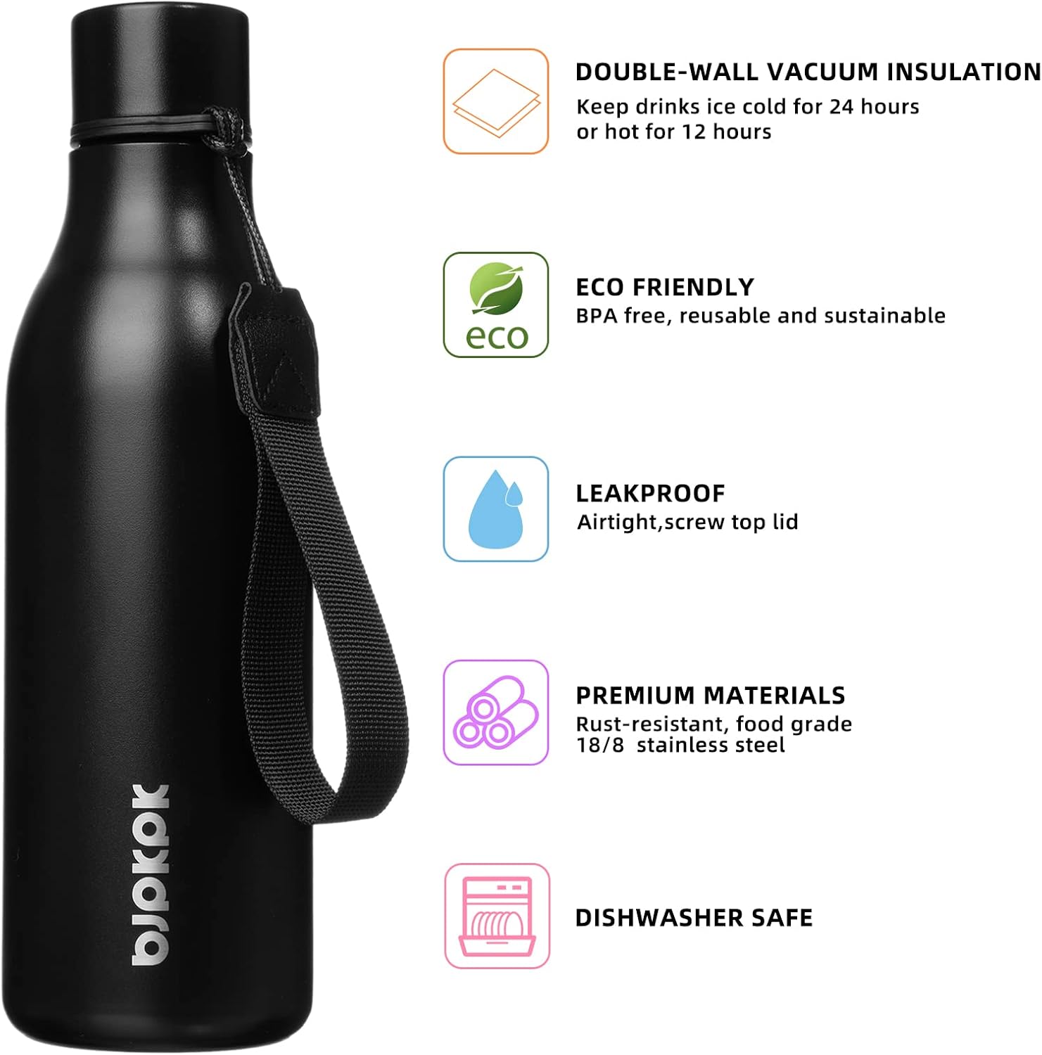 BJPKPK Insulated Water Bottles, 18 oz Stainless Steel Metal Water Bottle with Strap, BPA Free Leak Proof Jugs, Mugs, Flasks, Reusable Thermal Flasks for Sports & Travel, Black