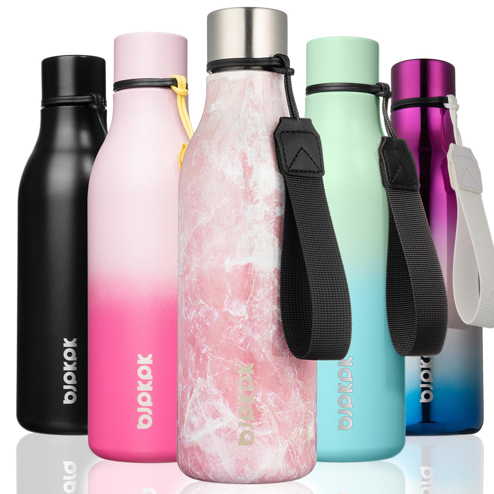 BJPKPK Insulated Water Bottles, 18 oz Stainless Steel Metal Water Bottle with Strap, BPA Free Leak Proof Jugs, Mugs, Flasks, Reusable Thermal Flasks for Sports & Travel, Black