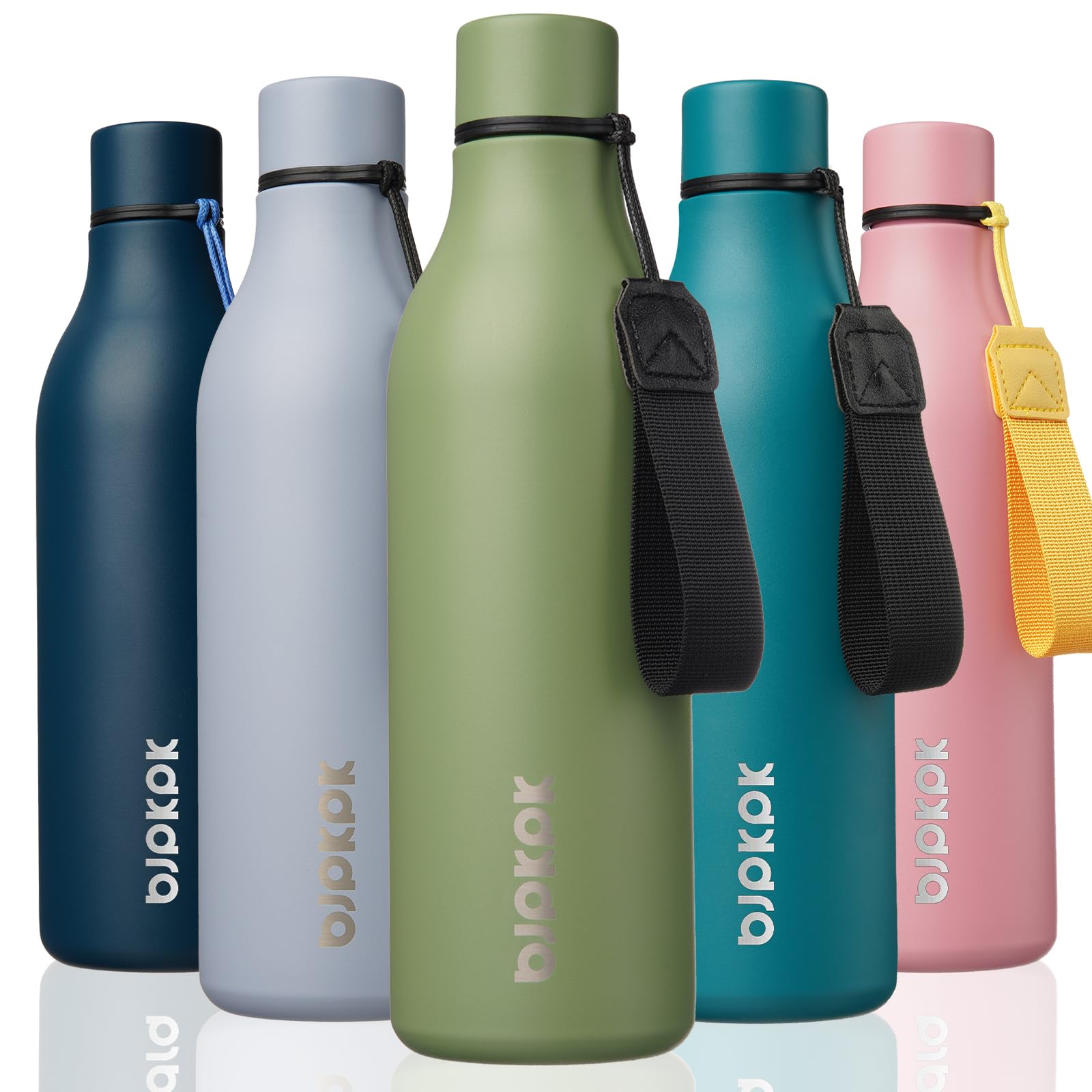 BJPKPK Insulated Water Bottles, 18 oz Stainless Steel Metal Water Bottle with Strap, BPA Free Leak Proof Jugs, Mugs, Flasks, Reusable Thermal Flasks for Sports & Travel, Black