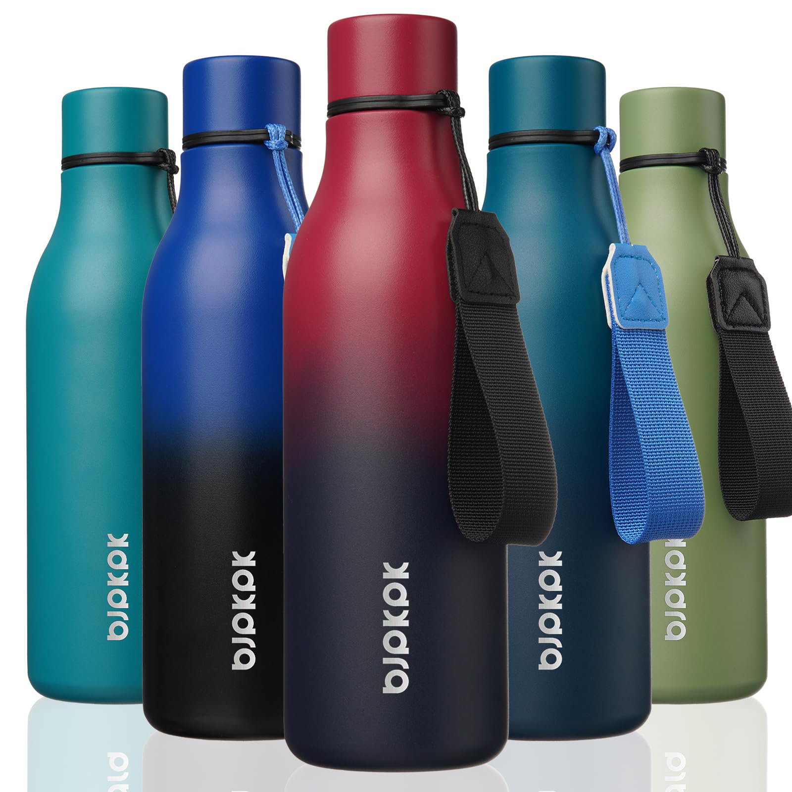 BJPKPK Insulated Water Bottles, 18 oz Stainless Steel Metal Water Bottle with Strap, BPA Free Leak Proof Jugs, Mugs, Flasks, Reusable Thermal Flasks for Sports & Travel, Black