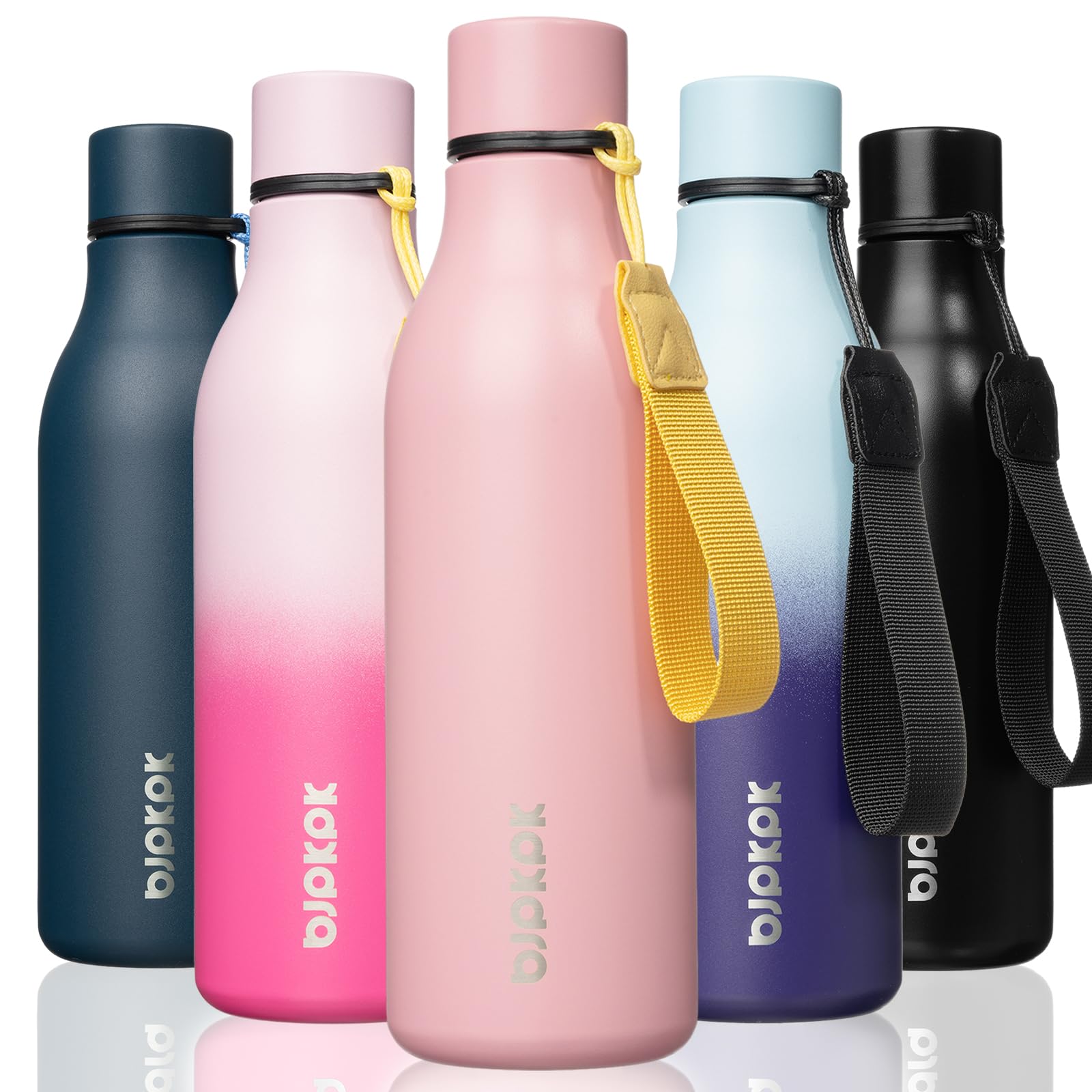 BJPKPK Insulated Water Bottles, 18 oz Stainless Steel Metal Water Bottle with Strap, BPA Free Leak Proof Jugs, Mugs, Flasks, Reusable Thermal Flasks for Sports & Travel, Black