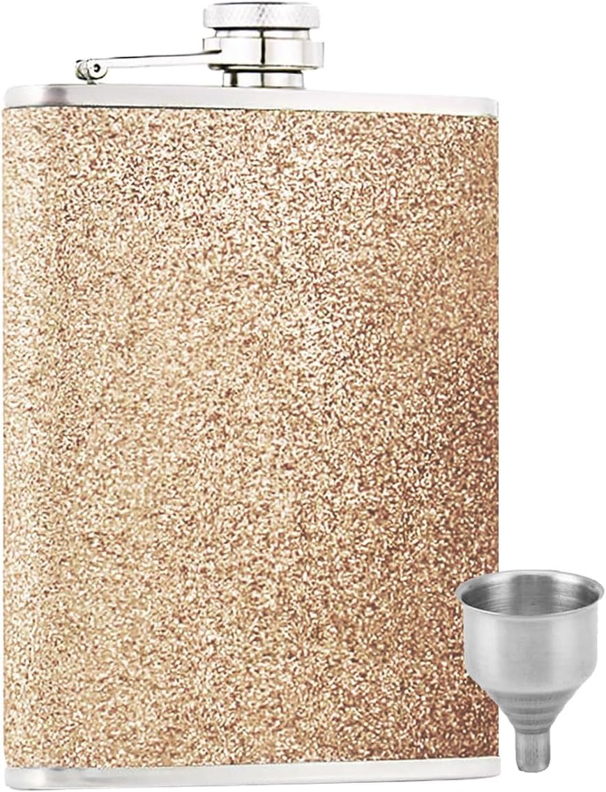 Golden Hip Flask 8oz for Men/Women,Personalized Hip Flask with Funnel, Portable Whiskey Flask Leak Proof Pocket Hips Flask for Climbing Camping Barbecue Bar Party Drinker