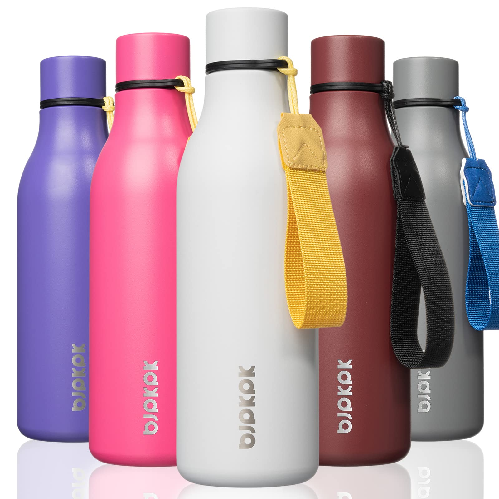 BJPKPK Insulated Water Bottles, 18 oz Stainless Steel Metal Water Bottle with Strap, BPA Free Leak Proof Jugs, Mugs, Flasks, Reusable Thermal Flasks for Sports & Travel, Black