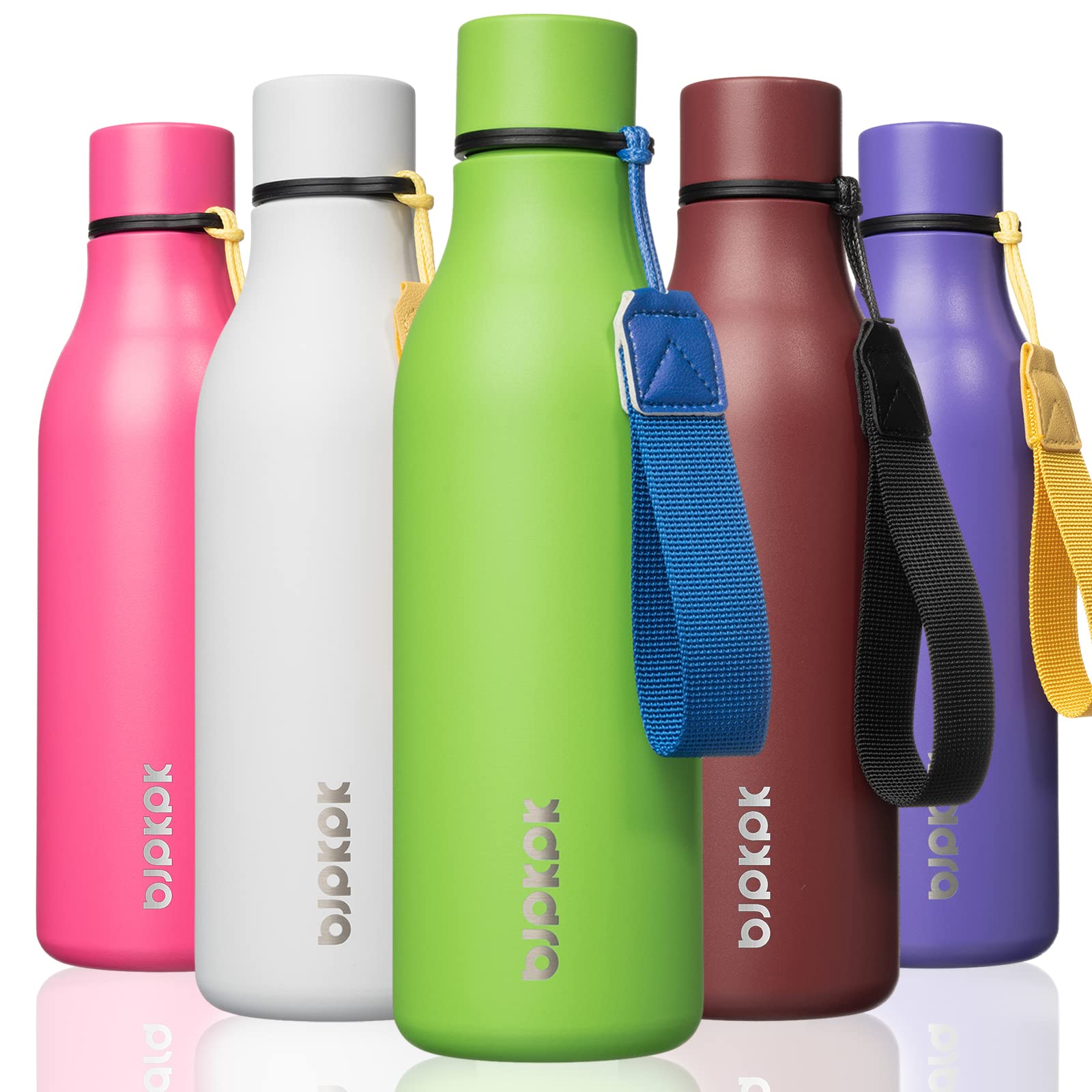 BJPKPK Insulated Water Bottles, 18 oz Stainless Steel Metal Water Bottle with Strap, BPA Free Leak Proof Jugs, Mugs, Flasks, Reusable Thermal Flasks for Sports & Travel, Black