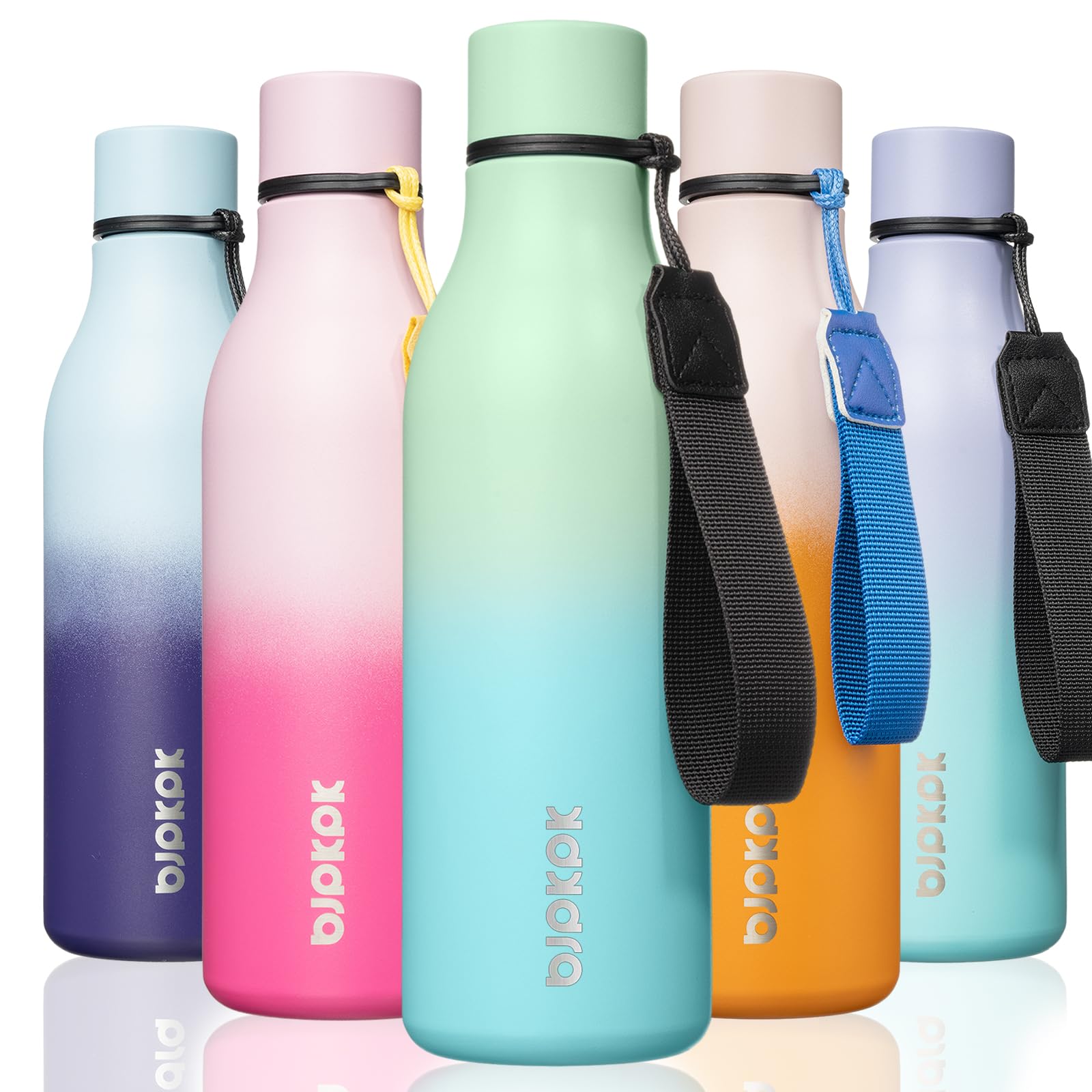 BJPKPK Insulated Water Bottles, 18 oz Stainless Steel Metal Water Bottle with Strap, BPA Free Leak Proof Jugs, Mugs, Flasks, Reusable Thermal Flasks for Sports & Travel, Black