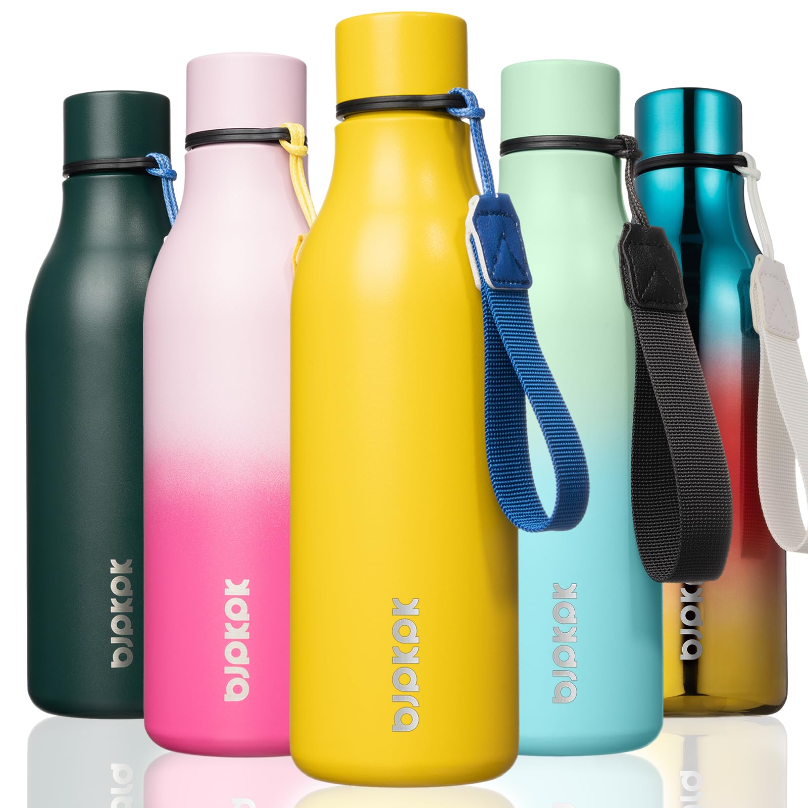 BJPKPK Insulated Water Bottles, 18 oz Stainless Steel Metal Water Bottle with Strap, BPA Free Leak Proof Jugs, Mugs, Flasks, Reusable Thermal Flasks for Sports & Travel, Black