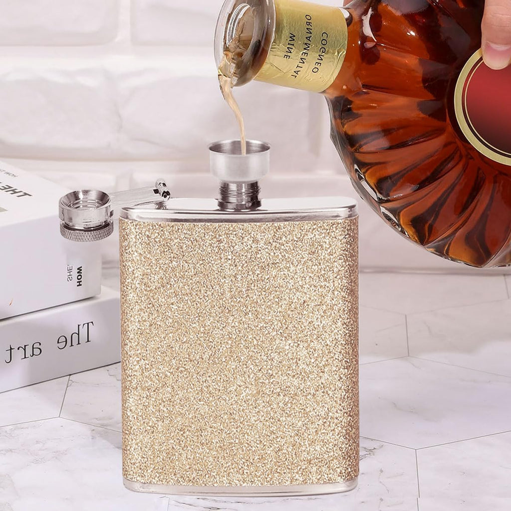 Golden Hip Flask 8oz for Men/Women,Personalized Hip Flask with Funnel, Portable Whiskey Flask Leak Proof Pocket Hips Flask for Climbing Camping Barbecue Bar Party Drinker