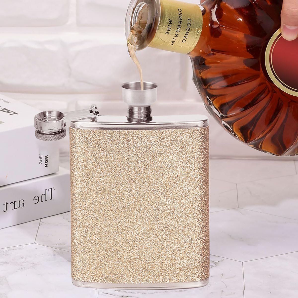 Golden Hip Flask 8oz for Men/Women,Personalized Hip Flask with Funnel, Portable Whiskey Flask Leak Proof Pocket Hips Flask for Climbing Camping Barbecue Bar Party Drinker