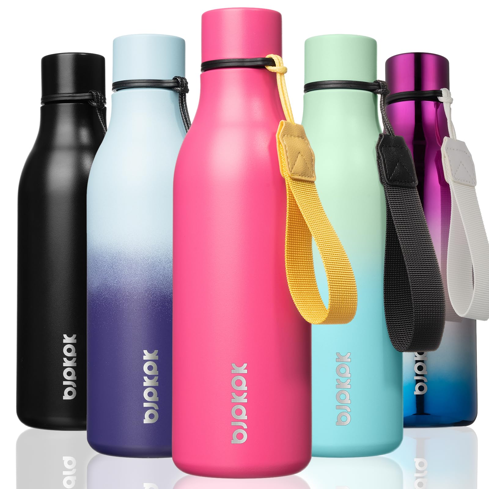 BJPKPK Insulated Water Bottles, 18 oz Stainless Steel Metal Water Bottle with Strap, BPA Free Leak Proof Jugs, Mugs, Flasks, Reusable Thermal Flasks for Sports & Travel, Black