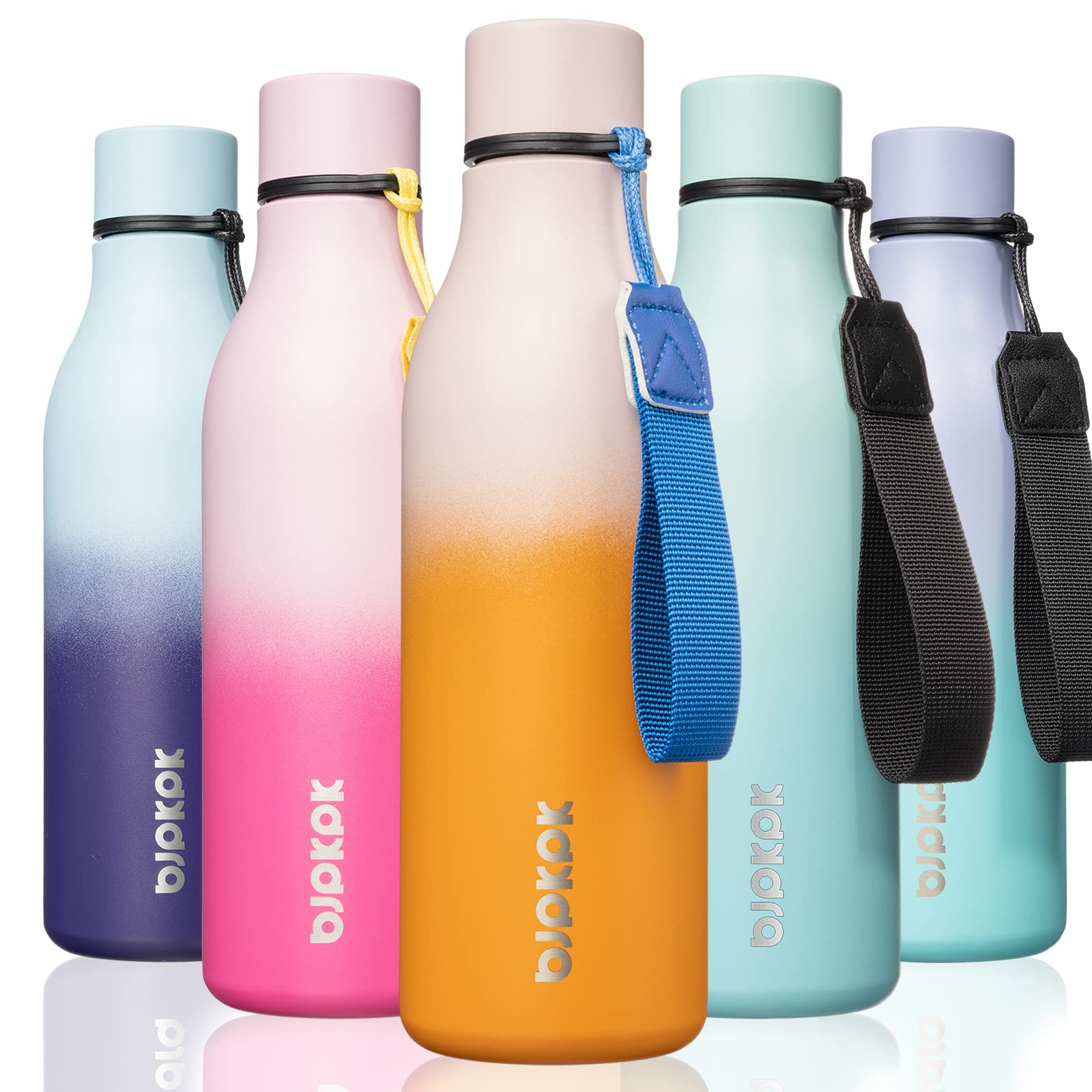 BJPKPK Insulated Water Bottles, 18 oz Stainless Steel Metal Water Bottle with Strap, BPA Free Leak Proof Jugs, Mugs, Flasks, Reusable Thermal Flasks for Sports & Travel, Black