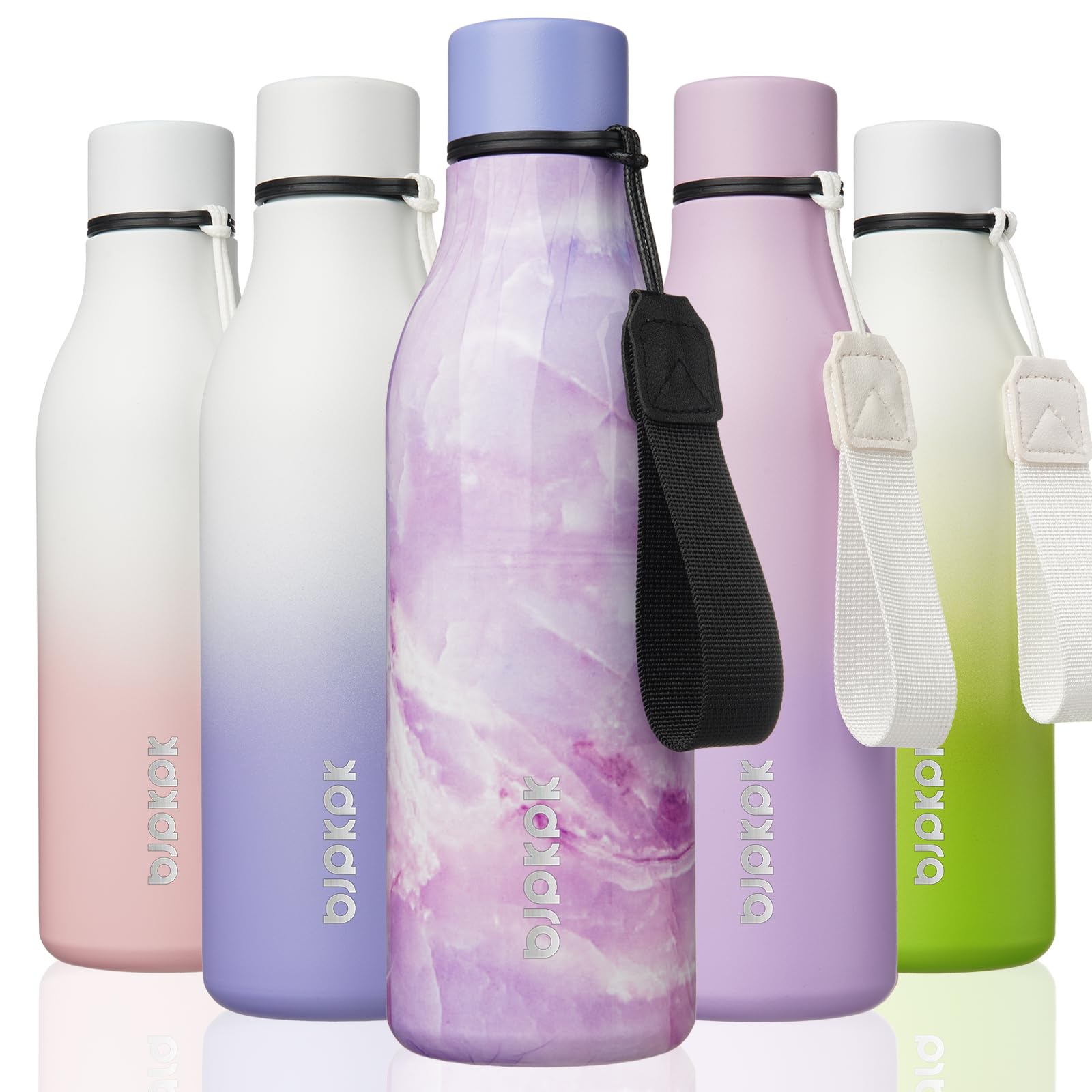 BJPKPK Insulated Water Bottles, 18 oz Stainless Steel Metal Water Bottle with Strap, BPA Free Leak Proof Jugs, Mugs, Flasks, Reusable Thermal Flasks for Sports & Travel, Black