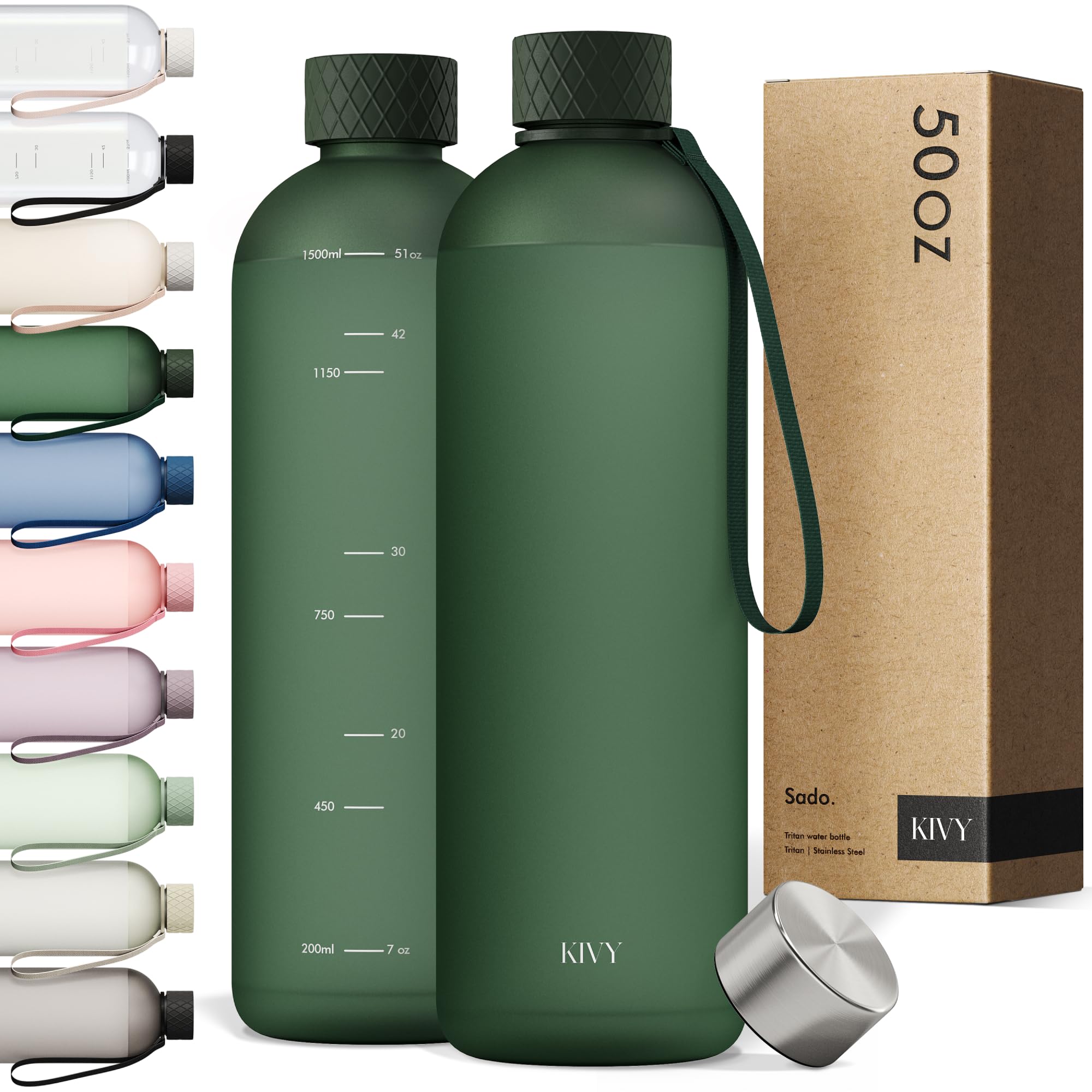 KIVY Slim Water Bottle 32oz [Lightweight & Shatterproof] Fits Backpack & Cupholder for Travel, Sports, School, Gym - Dark green water bottle no straw - Gym water bottle screw top - Dishwasher Safe