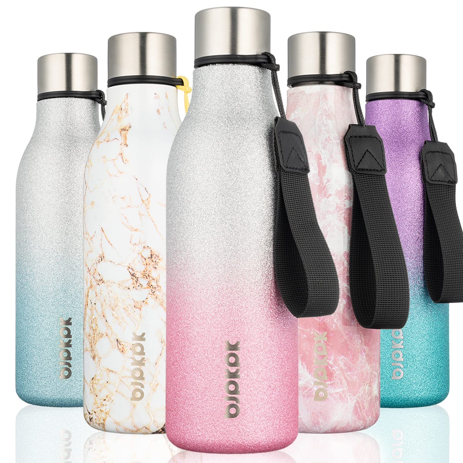 BJPKPK Insulated Water Bottles, 18 oz Stainless Steel Metal Water Bottle with Strap, BPA Free Leak Proof Jugs, Mugs, Flasks, Reusable Thermal Flasks for Sports & Travel, Black